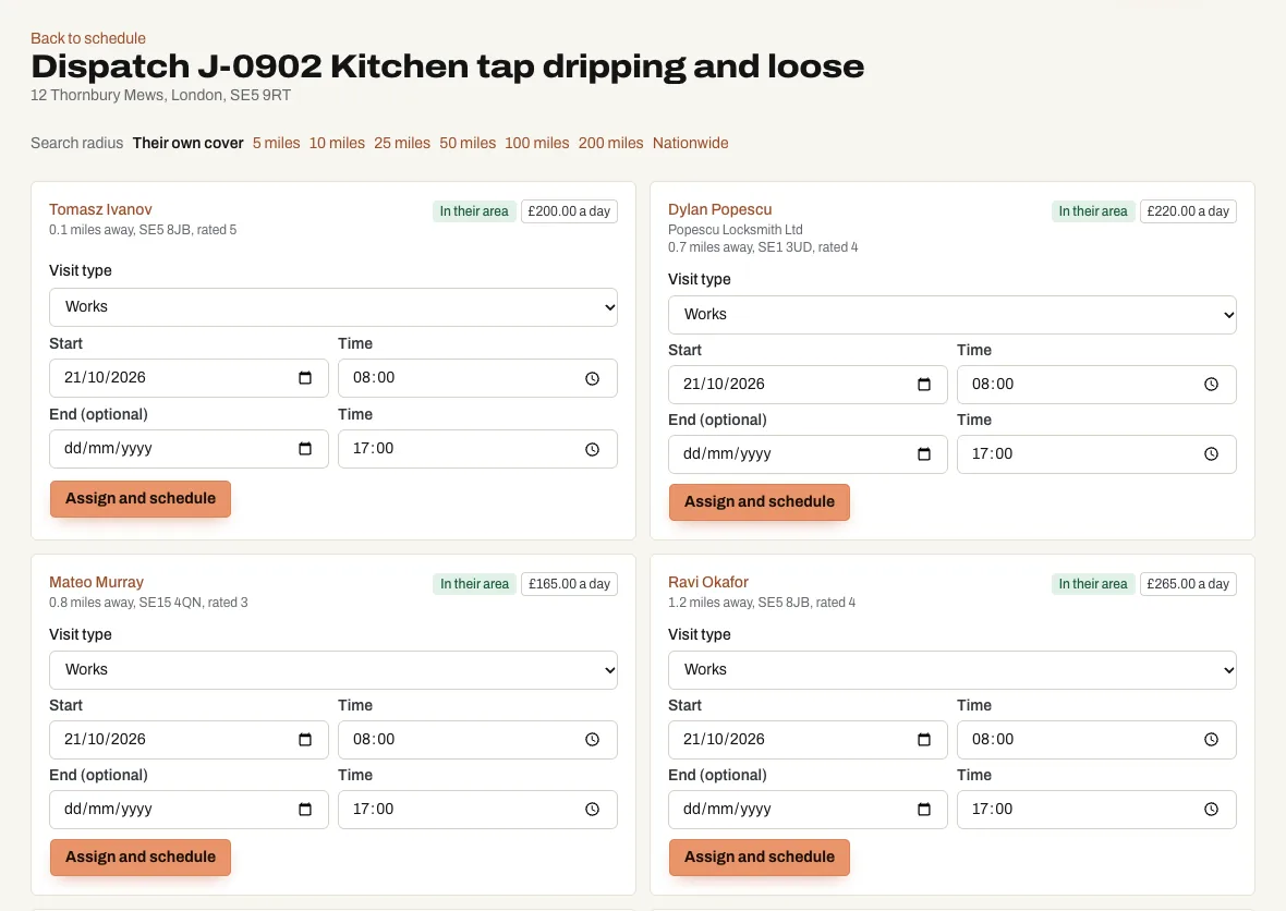 The Gaffio dispatch page listing the nearest approved subcontractors to a job postcode, with distance and insurance tags