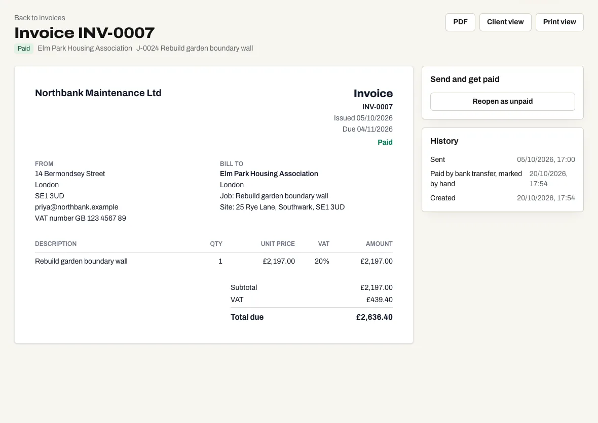 A Gaffio invoice with the client, the job, VAT per line, the total due and the bank details