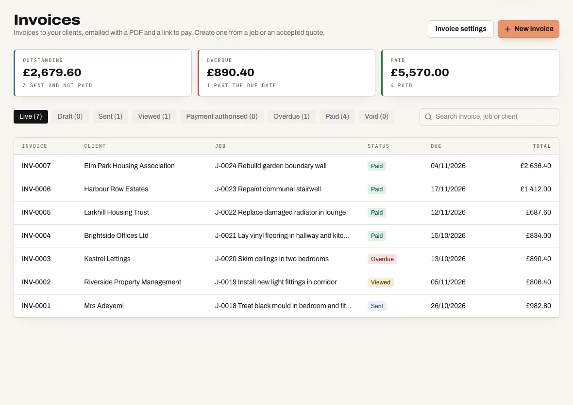 The Gaffio invoices list with each invoice's status