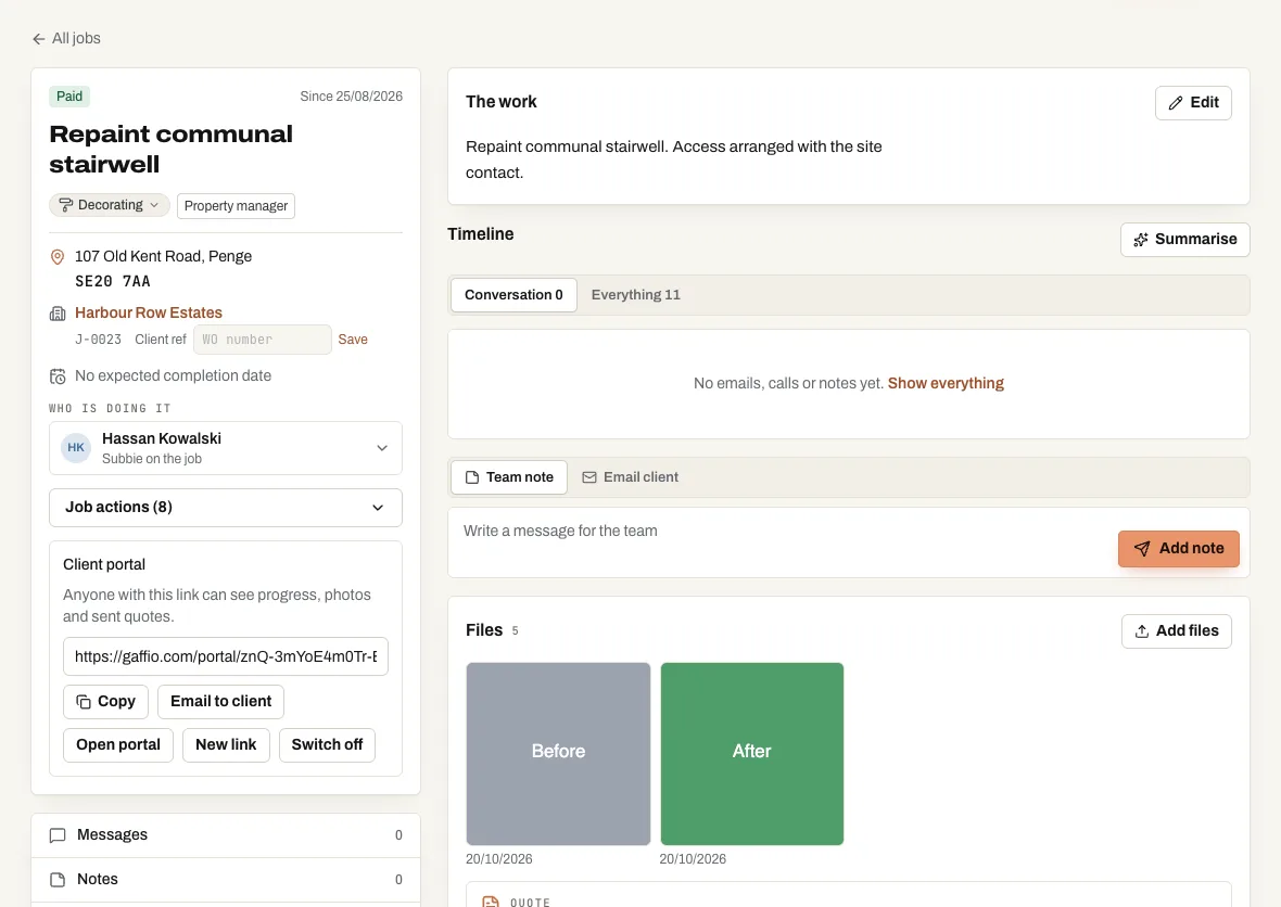A Gaffio maintenance job page with the work, the site, files and the next step