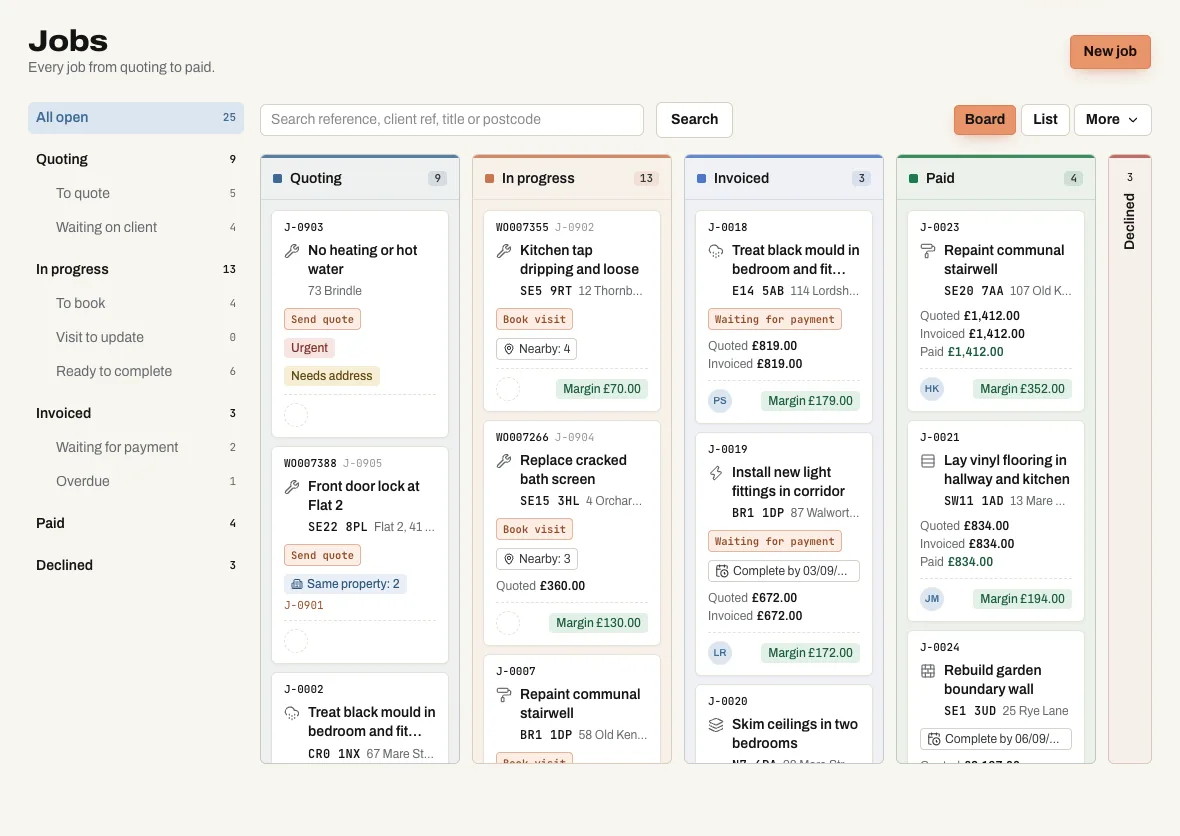 The Gaffio jobs list showing jobs at each stage with the client, the site and the value