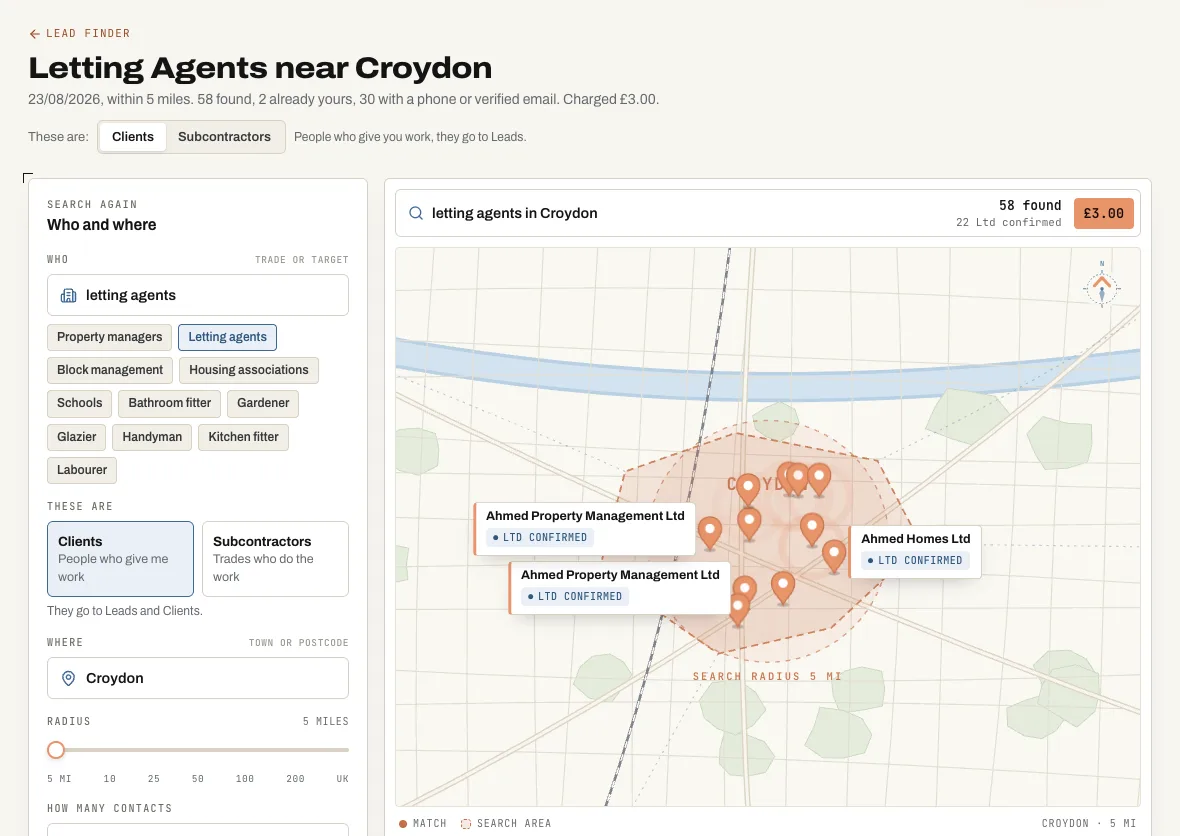 A Gaffio Lead Finder list of letting agents near Croydon, with a map of the search area, phone and email ticks and the Companies House result for each business