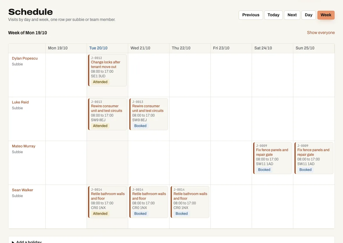 The Gaffio schedule with visits booked across the week
